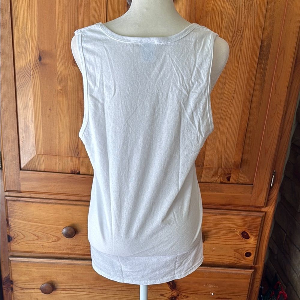 Port & Company White Sleeveless Top with Purple 817 Print. TCU. Size small. - Picture 3 of 4